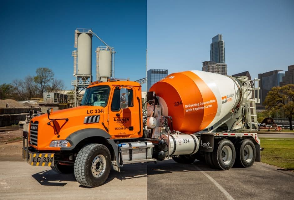 Lauren Concrete CarbonCure truck in front of the plant and downtown Austin skyline