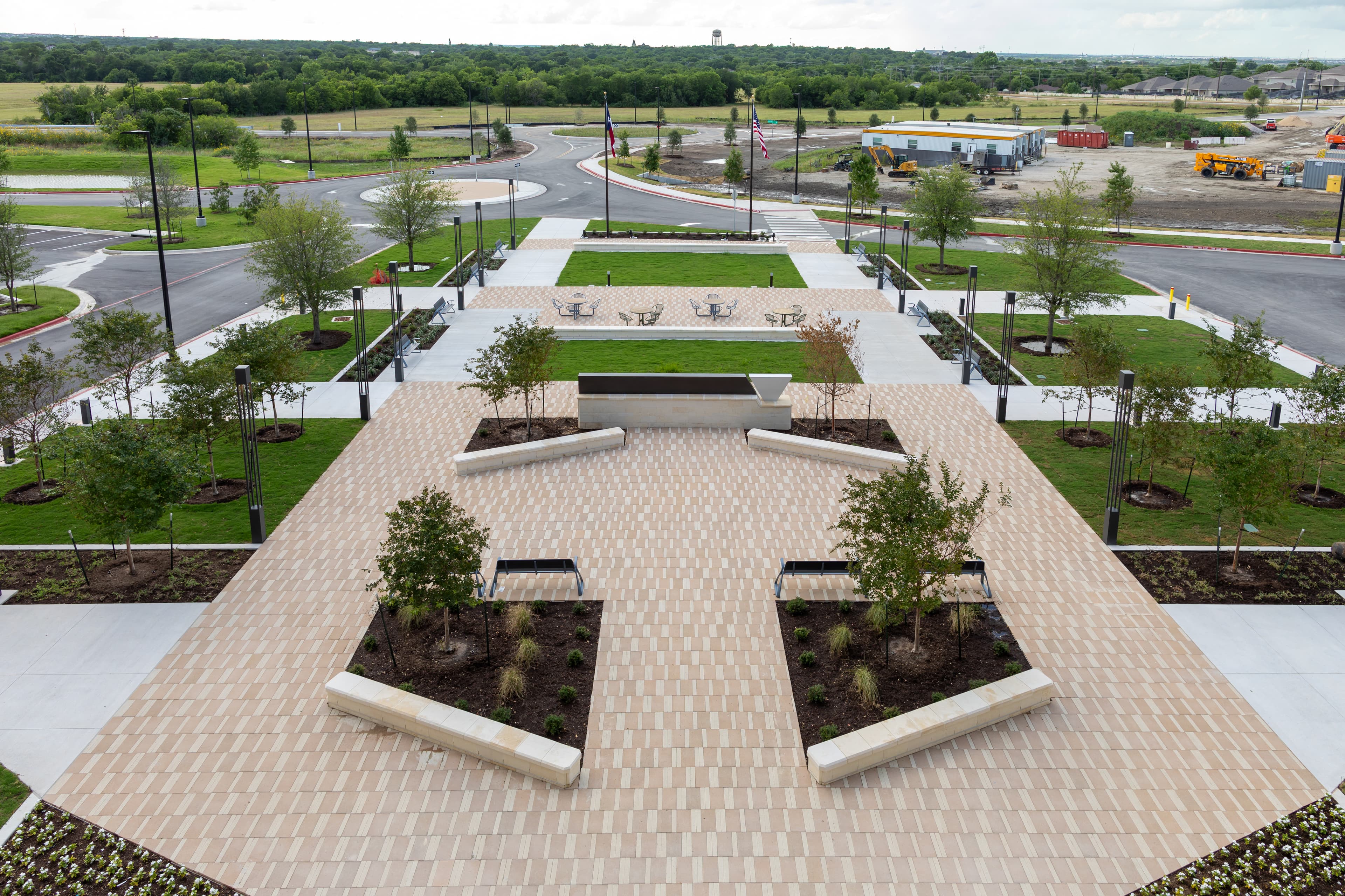 View of front sidewalks and roundabout at the Williamson County Administration Building