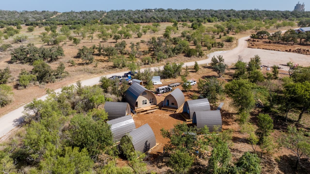 Triage housing pods at the Valley View Village from the drone