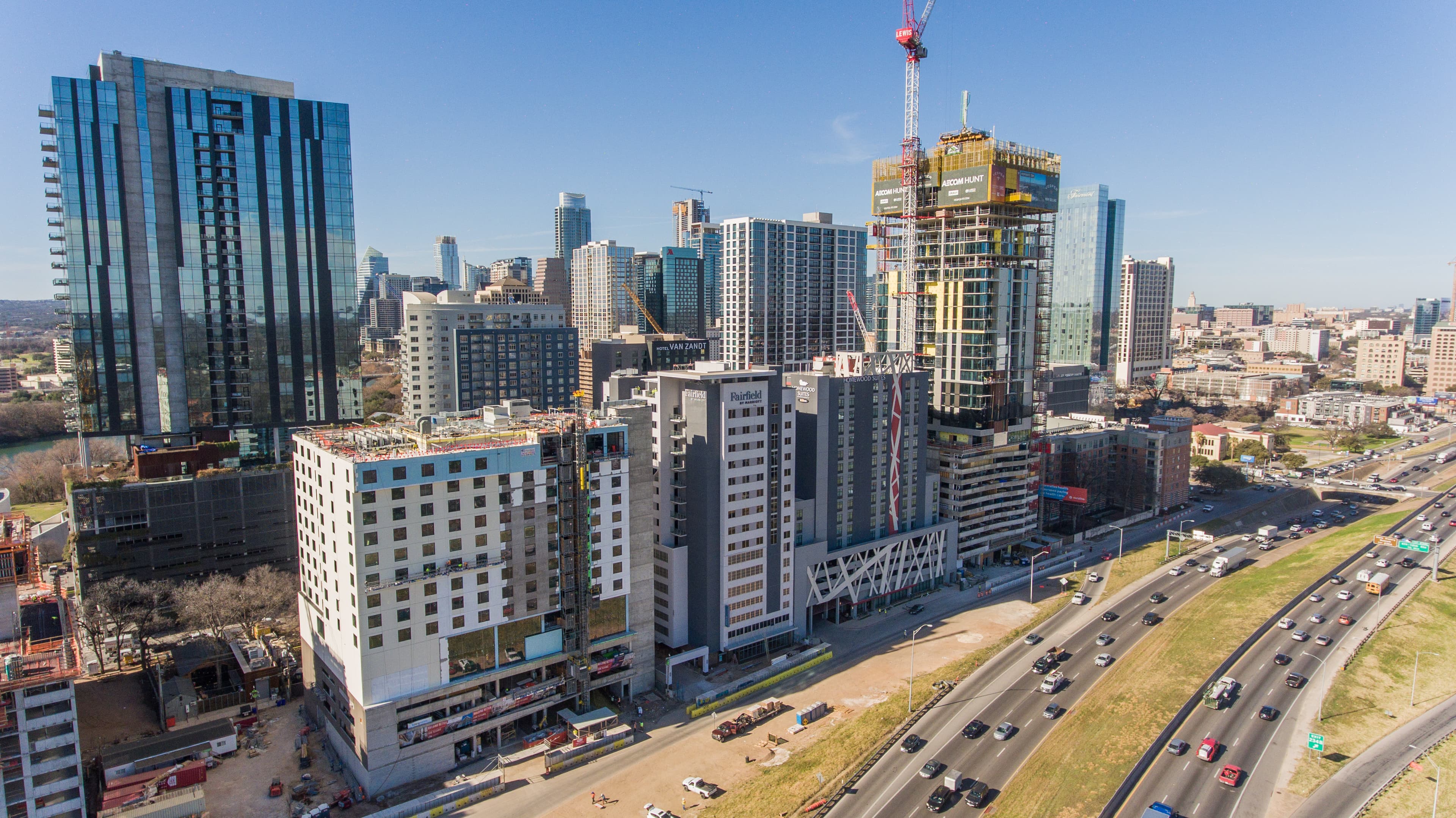Drone shot of Cambria, Fairfield Inn and Suites and The Vesper jobs along I-35 South