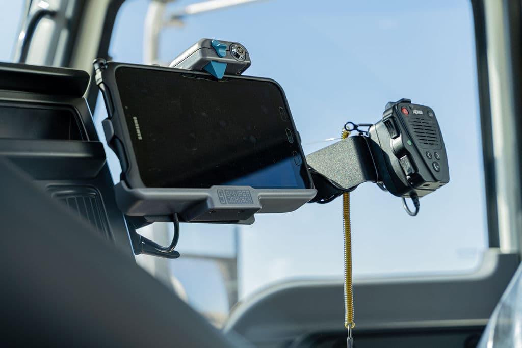 A truck tablet installed to the inside of the cab of the truck for GPS tracking and directions.