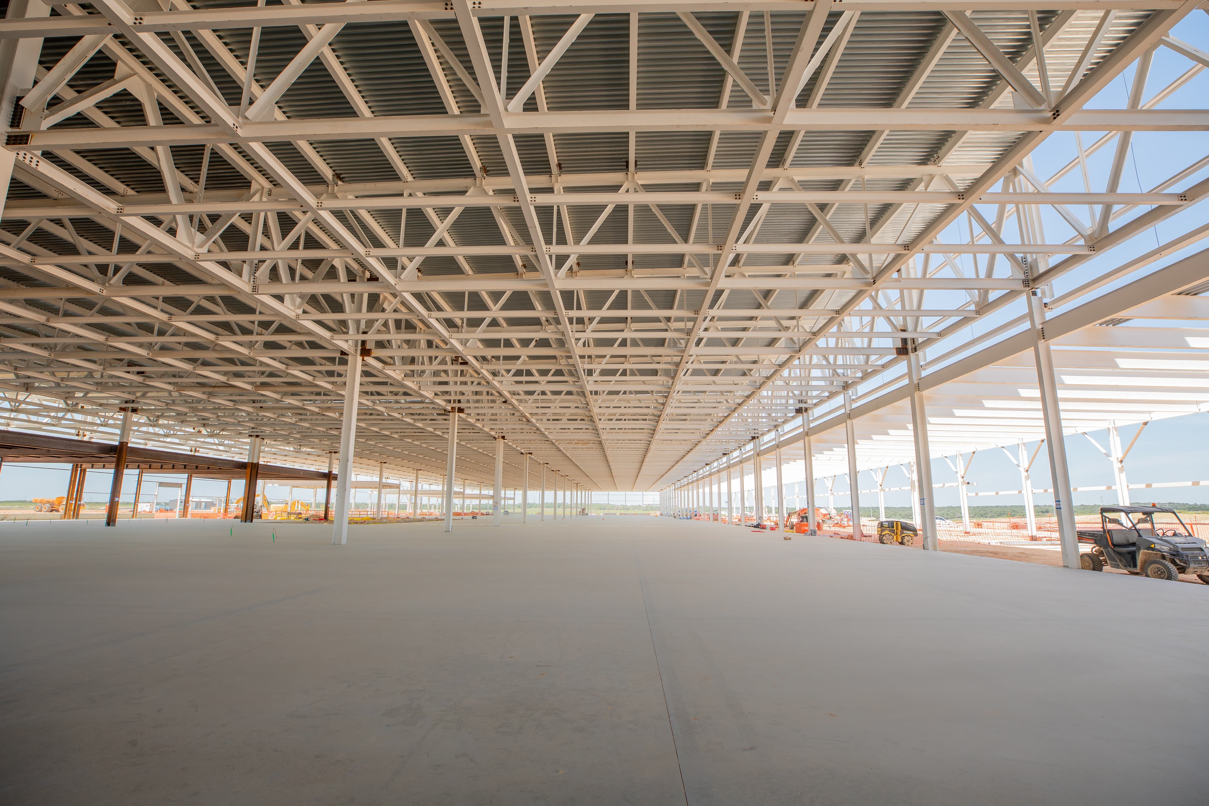 A large concrete slab with a steel structure atop looking straight on