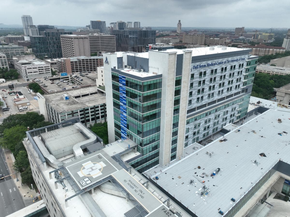 Dell Seton Medical Center at UT and helicopter pad from the sky