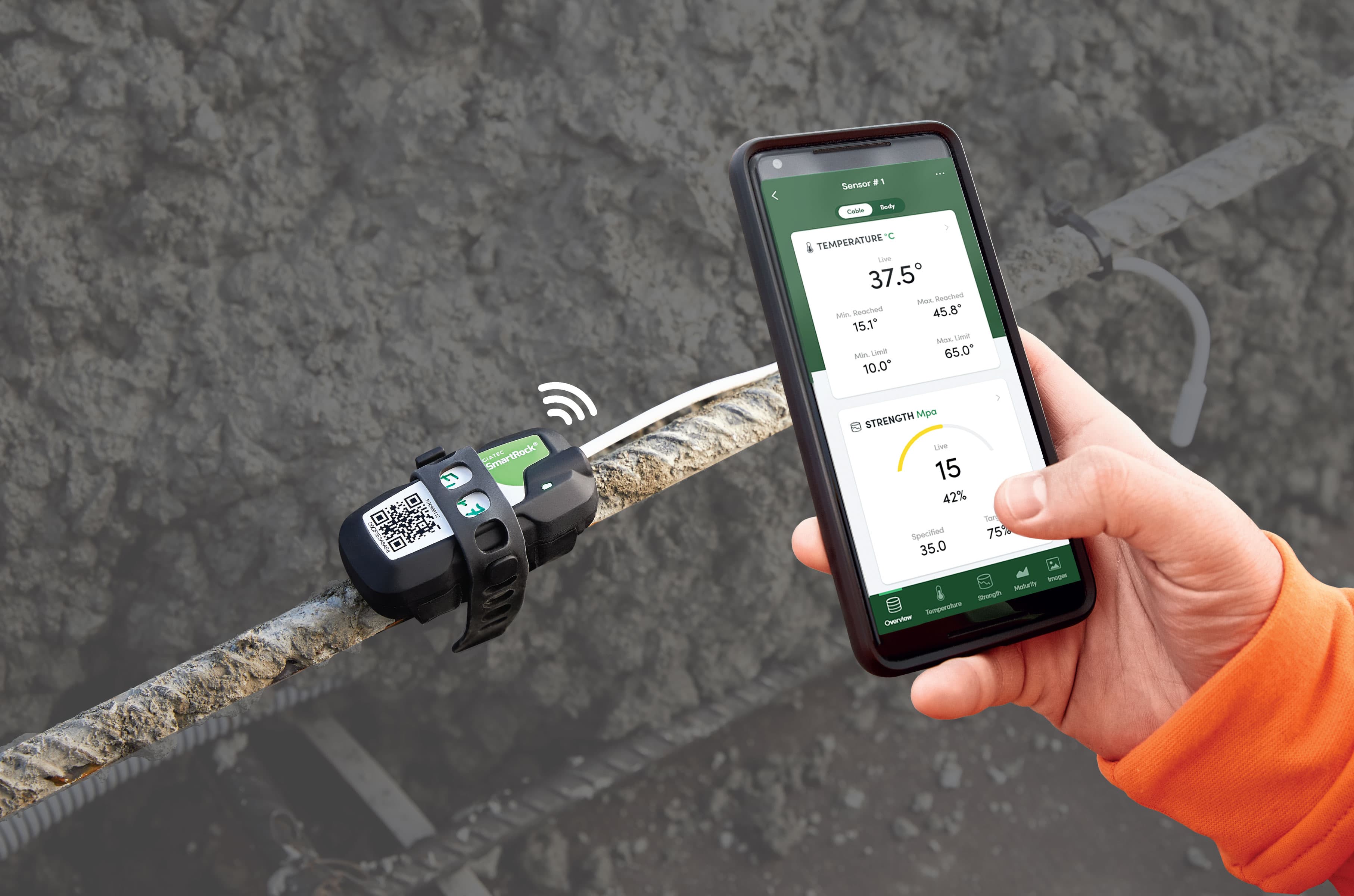 Giatec SmartRock sensor on rebar with a smart device monitoring results