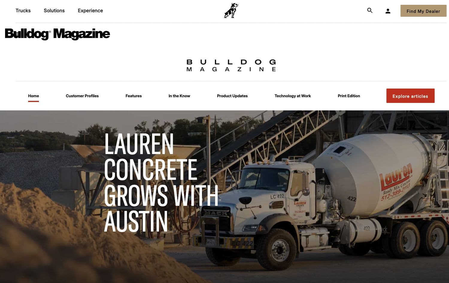 A picture of a Lauren Concrete truck at the concrete plant featured on the Bulldog Magazine website page