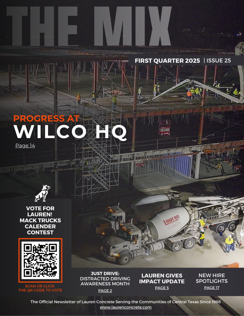 Front Cover of The Mix First Quarter Newsletter, Featuring Lauren Concrete Trucks on the Williamson County Headquarters Project